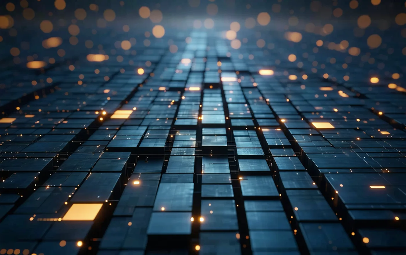 Abstract visualization of transaction data rows with amber-highlighted anomaly flags on a dark charcoal background